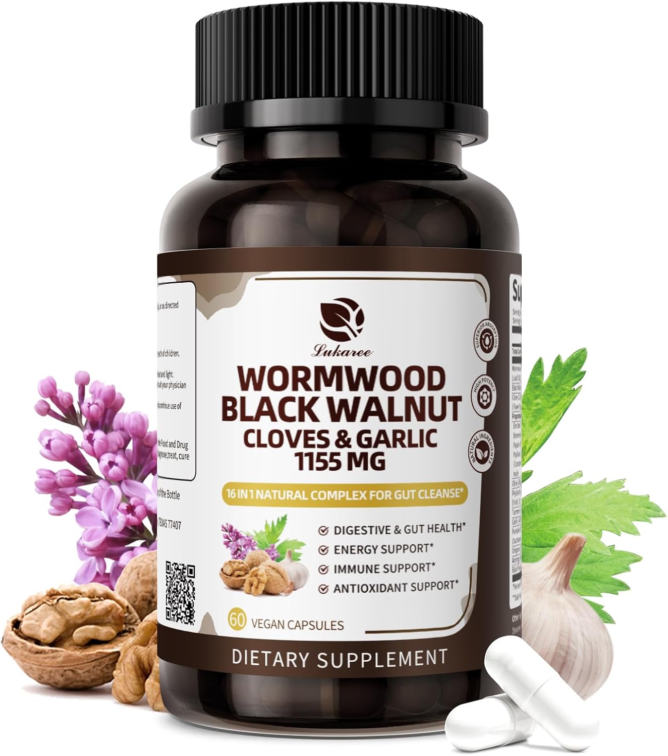 16-in-1 Wormwood Black Walnut Clove Cleanse - Gentle Gut Health | with Pumpkin Seeds Garlic Oregano Turmeric - Natural Digestive & Intestinal Health - Liposomal Tech 98% Absorption 1150mg