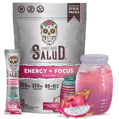 Salud 2-in-1 Energy + Focus Drink Mix, Hibiscus | Organic Caffeine, B6 + B12, Theanine, Clean Energy Packets, Agua Fresca Mix, Non-GMO, Gluten Free, 1g of Sugar (15 Servings)