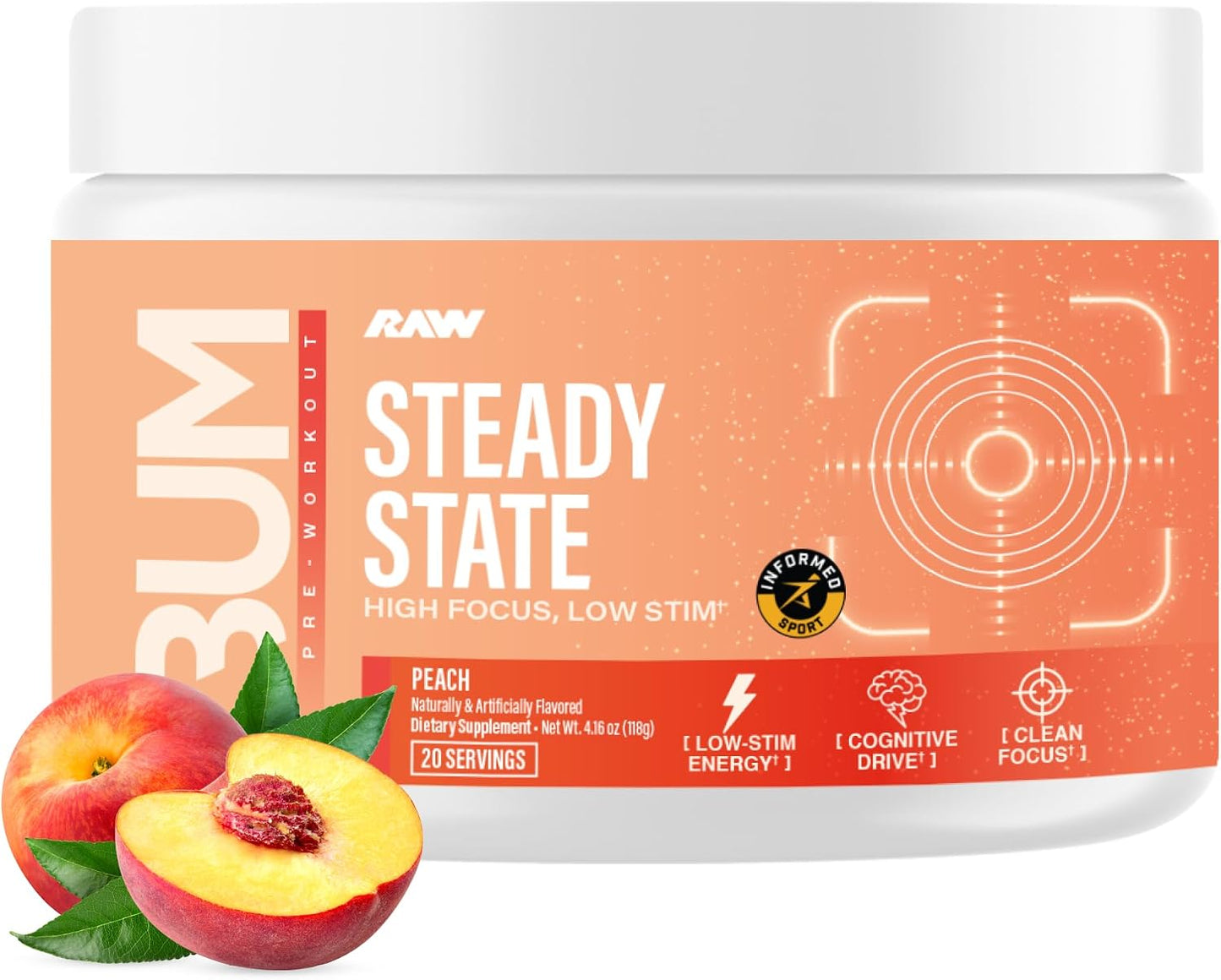 RAW Steady State Low Stim Nootropic Pre Workout Powder for Men & Women - Low Stimulant Neuopathy Supplement for Energy & Focus - No Jitters or Tingles - Natural Extended Release Caffeine - 20 Servings