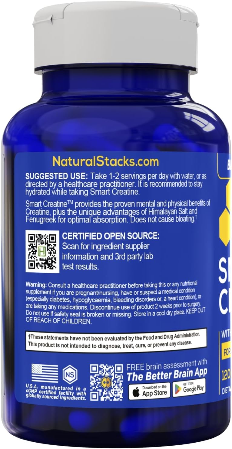 Creatine Monohydrate 2500mg Capsules, Advanced Absorption, 120 Count | With 450mg fenugreek extract and 250mg Himalayan pink salt. Supports muscle building, endurance, and brain health.