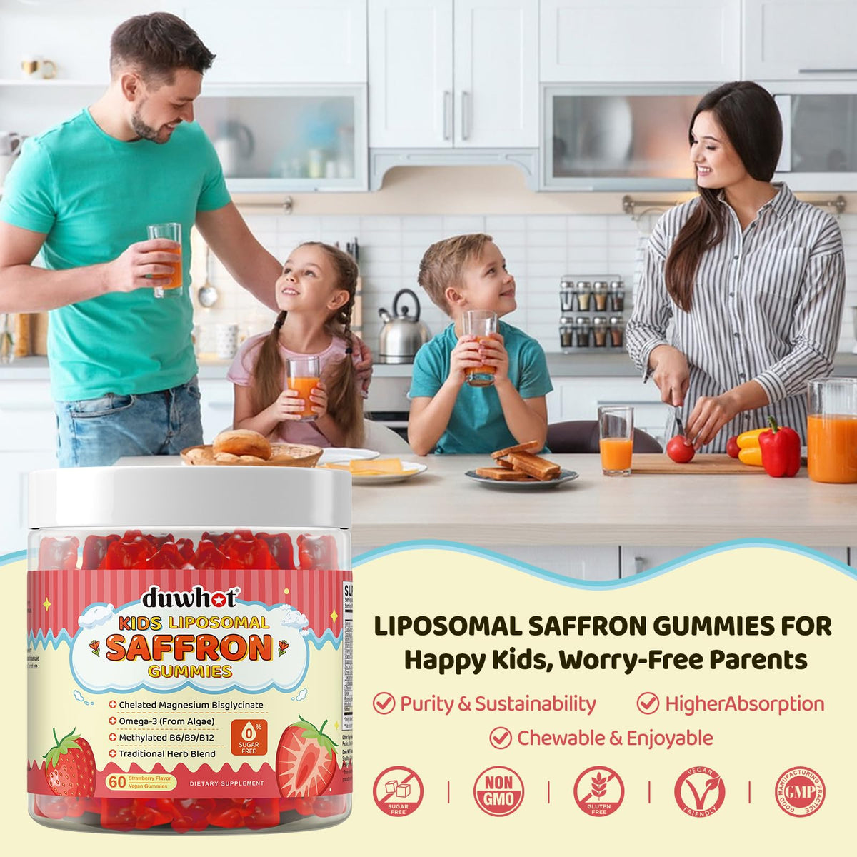 Liposomal Saffron Gummies for Kids 4+, Saffron Supplements w/Holy Basil, Rosemary, Magnesium Glycinate, Omega-3 & More, Brain Focus Support Supplement, Vegan, Organic, Sugar Free, 60 Chewables duwhotBuy Supplements Australia