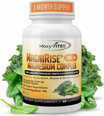 MoxyVites MagniRise™ AM– Magnesium Complex for Women & Men - 200mg Magnesium Bisglycinate, Malate, Citrate, B6, Organic SuperGreens – Chelated, High Absorption – Pairs with MagniRest™ PM – 60 Capsules