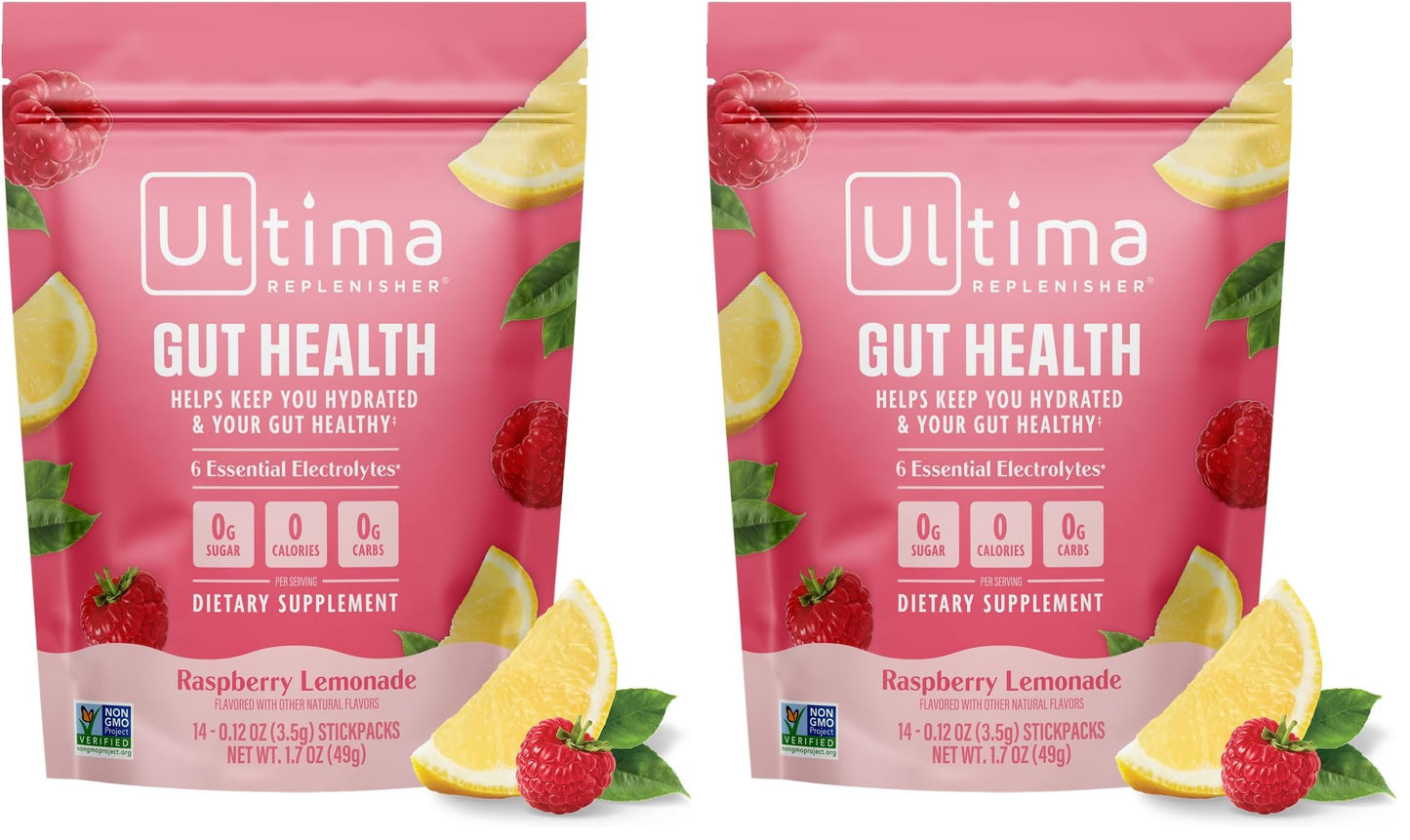 Ultima Replenisher Gut Health Supplement, Raspberry Lemonade, 14 Stickpacks | Daily Zero Sugar Electrolyte Powder Hydration Packets with 6 Key Electrolytes, Prebiotics & Probiotics for Gut Health Support