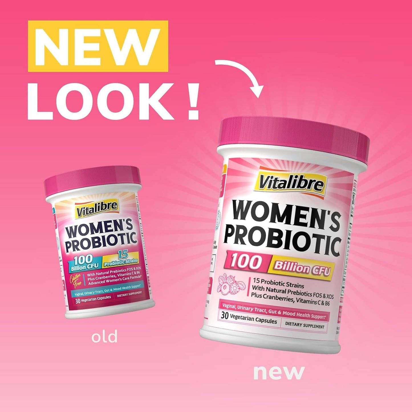 Vitalibre Probiotics for Women 100 Billion CFU 15 Strains, Daily Probiotic | 30 Vegan Capsules, Prebiotic Supplement with Organic Cranberry to Support Vaginal, Digestive, Immune Health, Shelf Stable