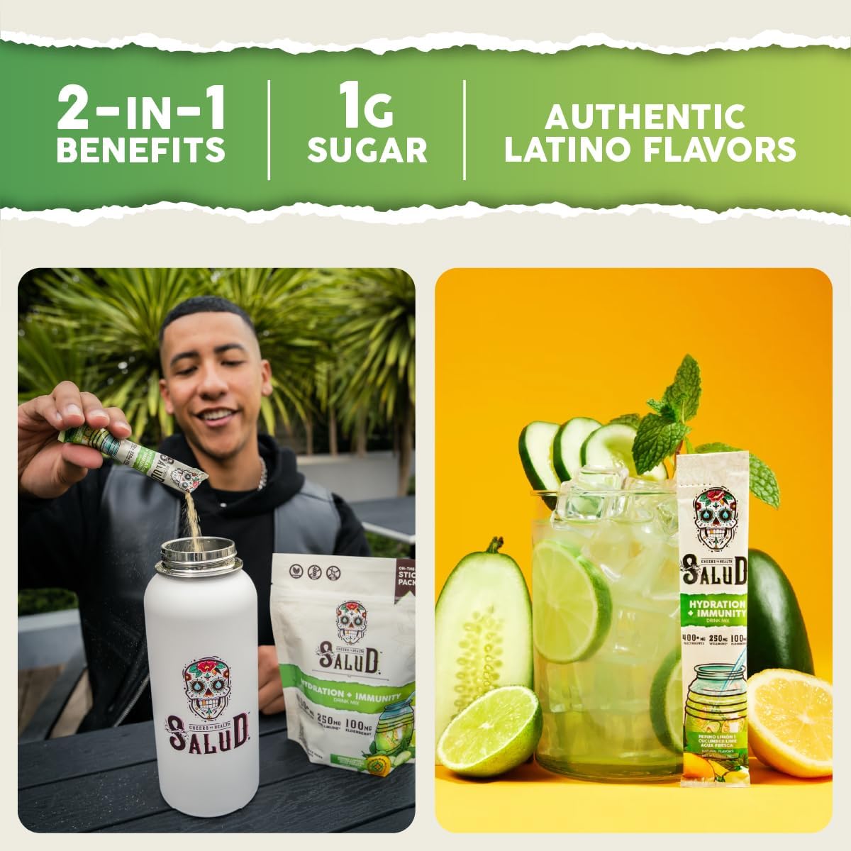 Salud 2-Pack | 2-in-1 Hydration + Immunity (Paloma) & Hydration + Immunity (Cucumber Lime) – 15 Servings Each, Agua Fresca Drink Mix, Non-GMO, Gluten Free, Vegan, Low Calorie, 1g of Sugar