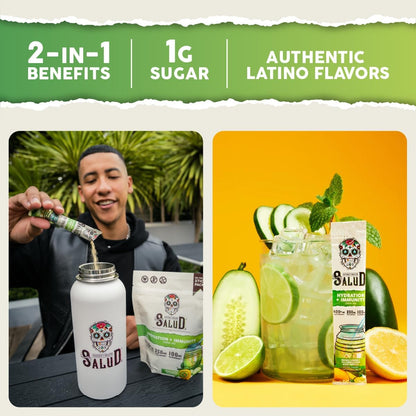 Salud 2-Pack | 2-in-1 Hydration + Immunity (Paloma) & Hydration + Immunity (Cucumber Lime) – 15 Servings Each, Agua Fresca Drink Mix, Non-GMO, Gluten Free, Vegan, Low Calorie, 1g of Sugar