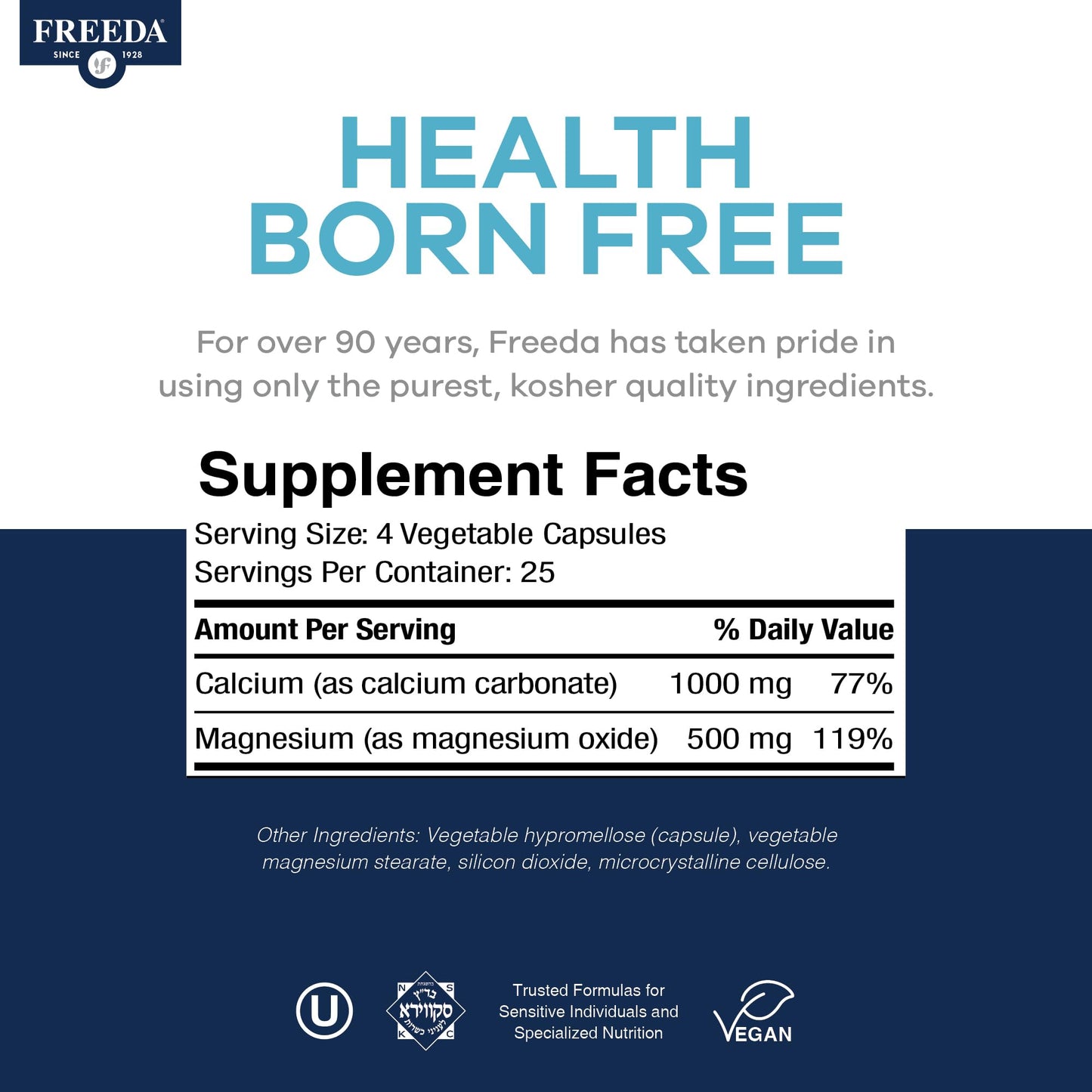 Freeda Calcium Magnesium 2:1 Supplement - 250 Capsules | Vegan Calcium & Magnesium Formula - Third-Party Tested - Support Bone Strength, Muscle Relaxation, and Healthy Nerve Function