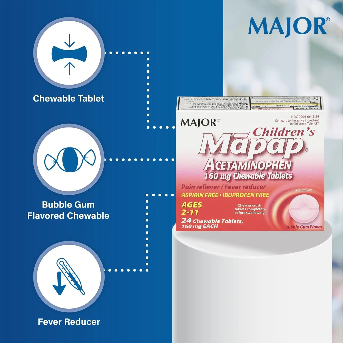 MAJOR Children’s Mapap Acetaminophen 160 mg Chewable Tablets - Pain Reliever/Fever Reducer - Aspirin Free - Ibuprofen Free - for Ages 2 to 11-24 Count (3 Pack) MAJORBuy Supplements Australia