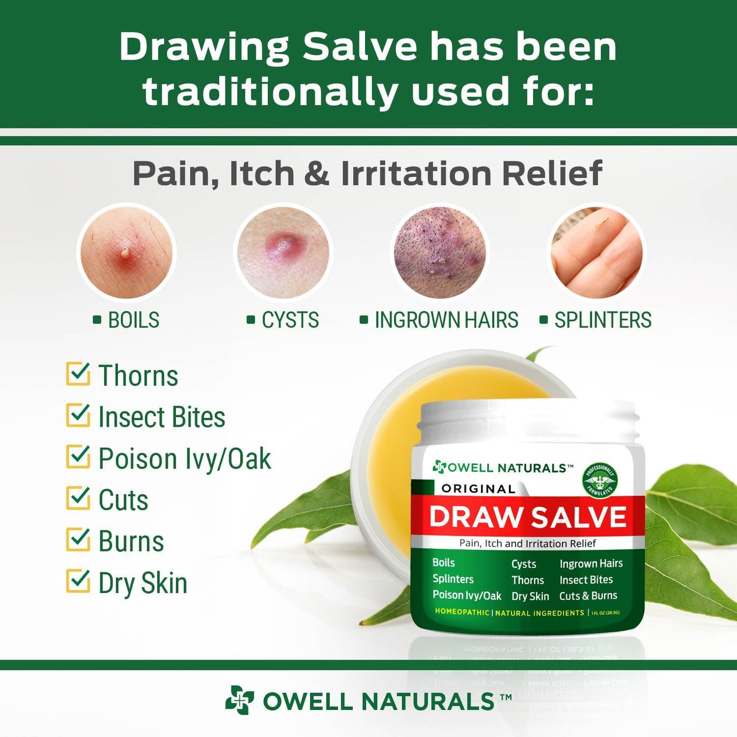 Owell Naturals Drawing Salve Ointment Fast Acting Formula for Ingrown Hair, Boil and Cyst, Maximum Strength for Splinters Remover, Bug and Spider Bites, Bee Stings, Poison Ivy. (1 Fl Oz (Pack of 1))