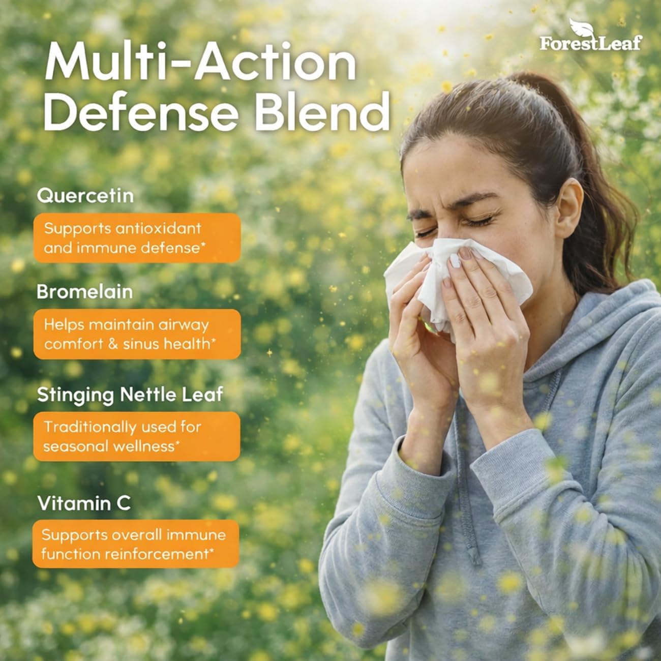 ForestLeaf Quercetin with Bromelain 1350mg - Blend with Vitamin C & Stinging Nettle Supplement, Quercetin 500mg Capsules, Non-GMO Gluten Free, Natural Function, 90 Veggie Caps