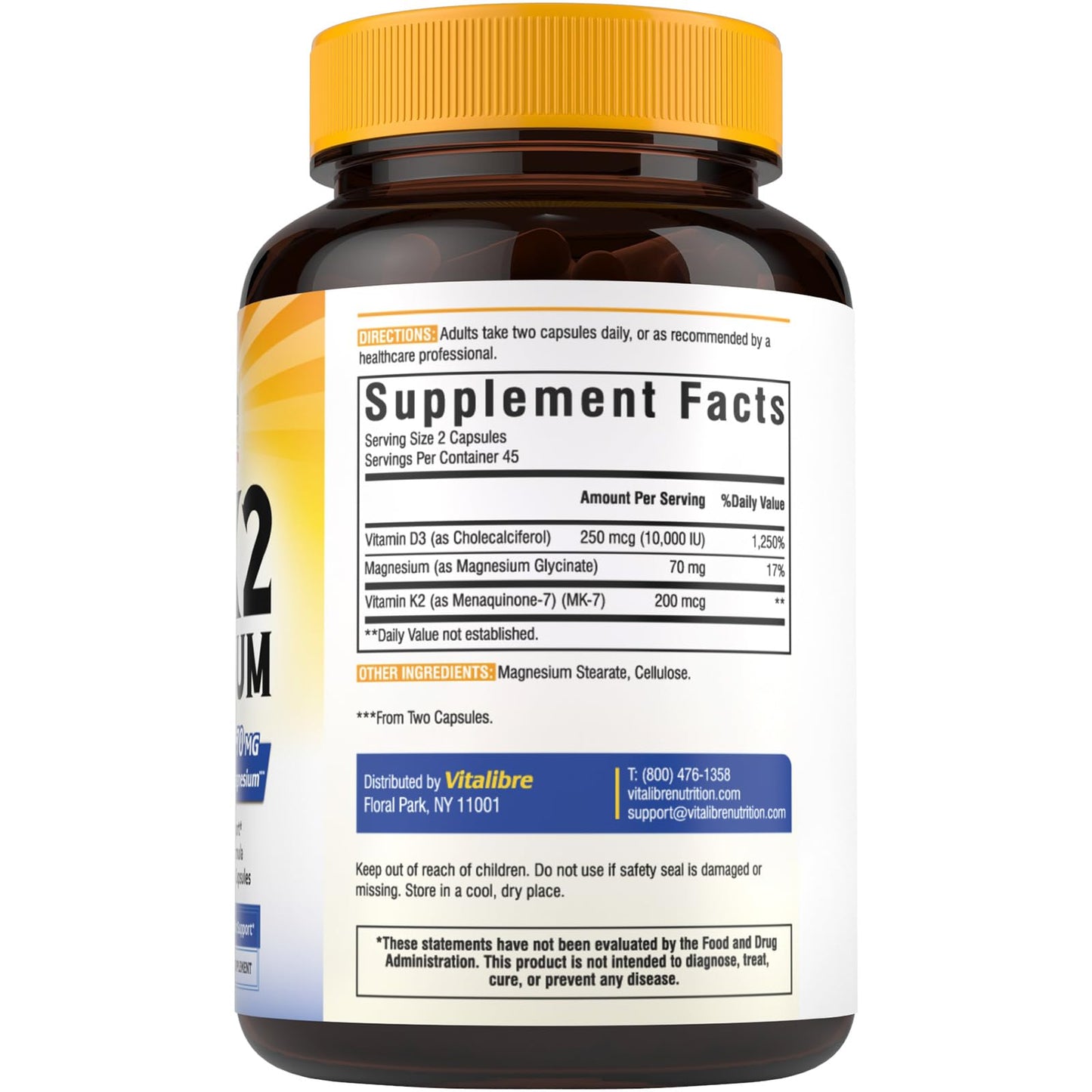 Vitalibre D3 K2 + Magnesium Supplement, 10000 IU Vitamin D3 & 200 mcg K2, with Magnesium Glycinate, Bone, Teeth, Immune & Energy Support, High Absorption, Non-GMO, Easy to Swallow, 60 Capsules