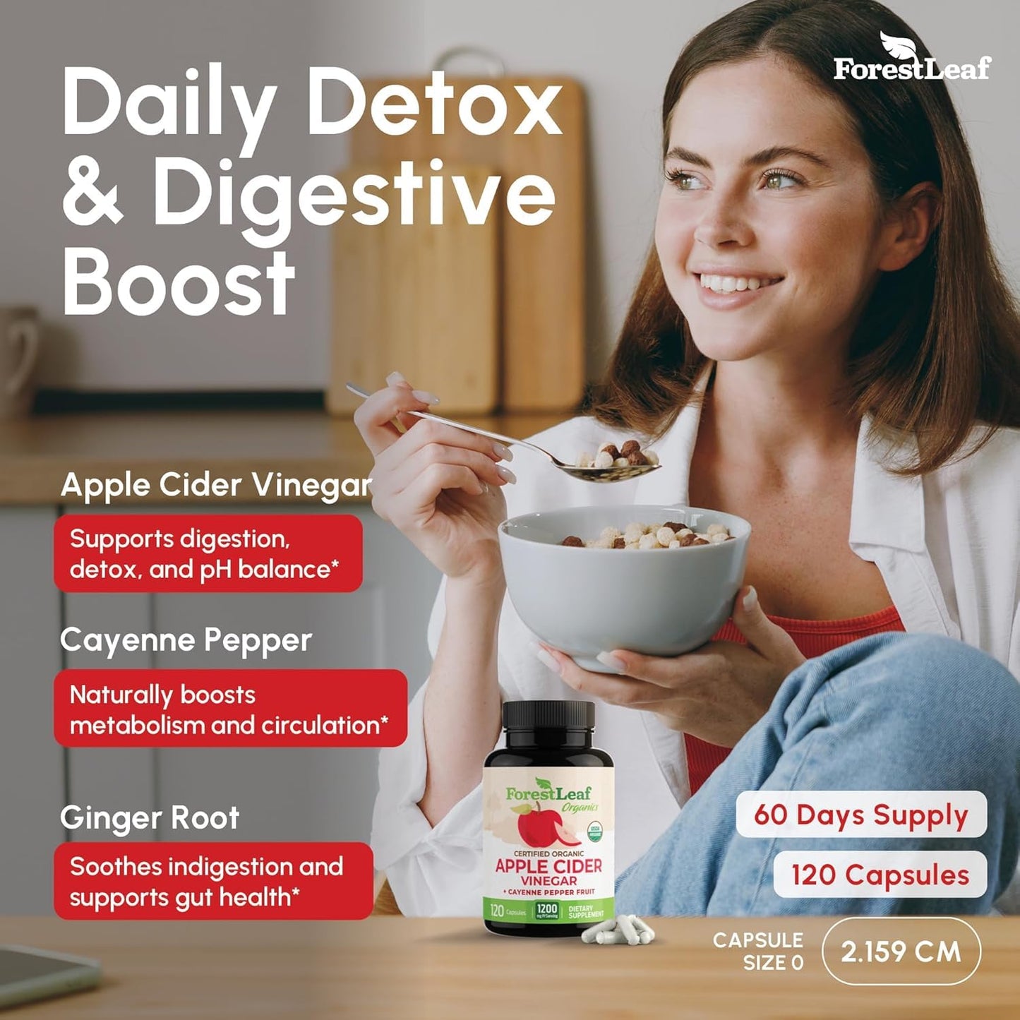 USDA Organic Apple Cider Vinegar Capsules with Mother, 1200 mg | Vegan & Non-GMO | Apple Cider Vinegar Pills with Cayenne Pepper & Ginger Root | 120 Caps