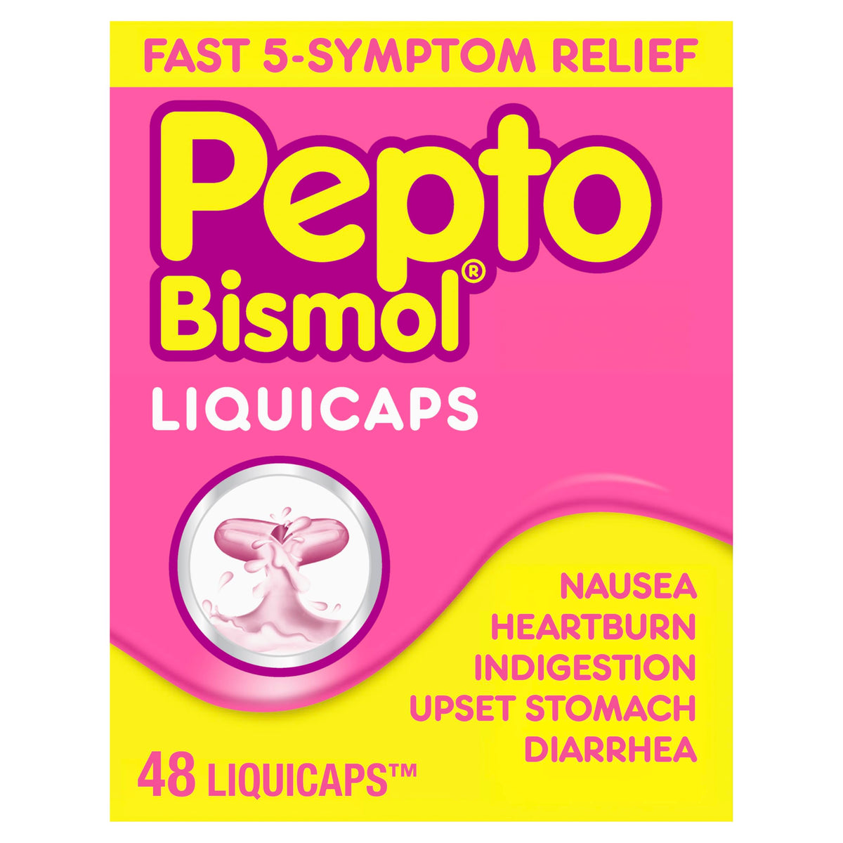 Pepto-Bismol Liquicaps packaging with pink and yellow design on a white background
