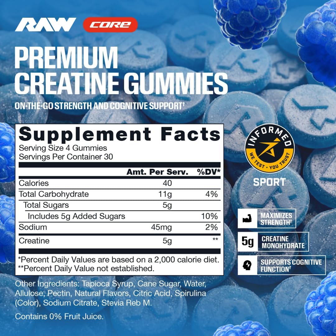 RAW Nutrition Creatine Gummies, Blue Raspberry, 5g Creatine Monohydrate, Supports Strength & High-Intensity Performance, No Mixing Chewable Pre/Post Workout Supplement, 120 Gummies (30 Servings)