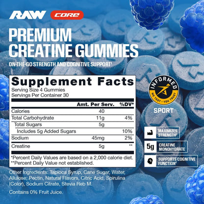 RAW Nutrition Creatine Gummies, Blue Raspberry, 5g Creatine Monohydrate, Supports Strength & High-Intensity Performance, No Mixing Chewable Pre/Post Workout Supplement, 120 Gummies (30 Servings)