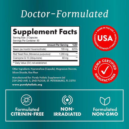 Red Yeast Rice with CoQ10 Supplement, Cholesterol & Heart Health Support | Extra Strength Red Yeast Rice 1200 MG (600 MG Per Capsule), Citrinin-Free, Doctor-Formulated, Non-GMO, Vegan, 120 Capsules