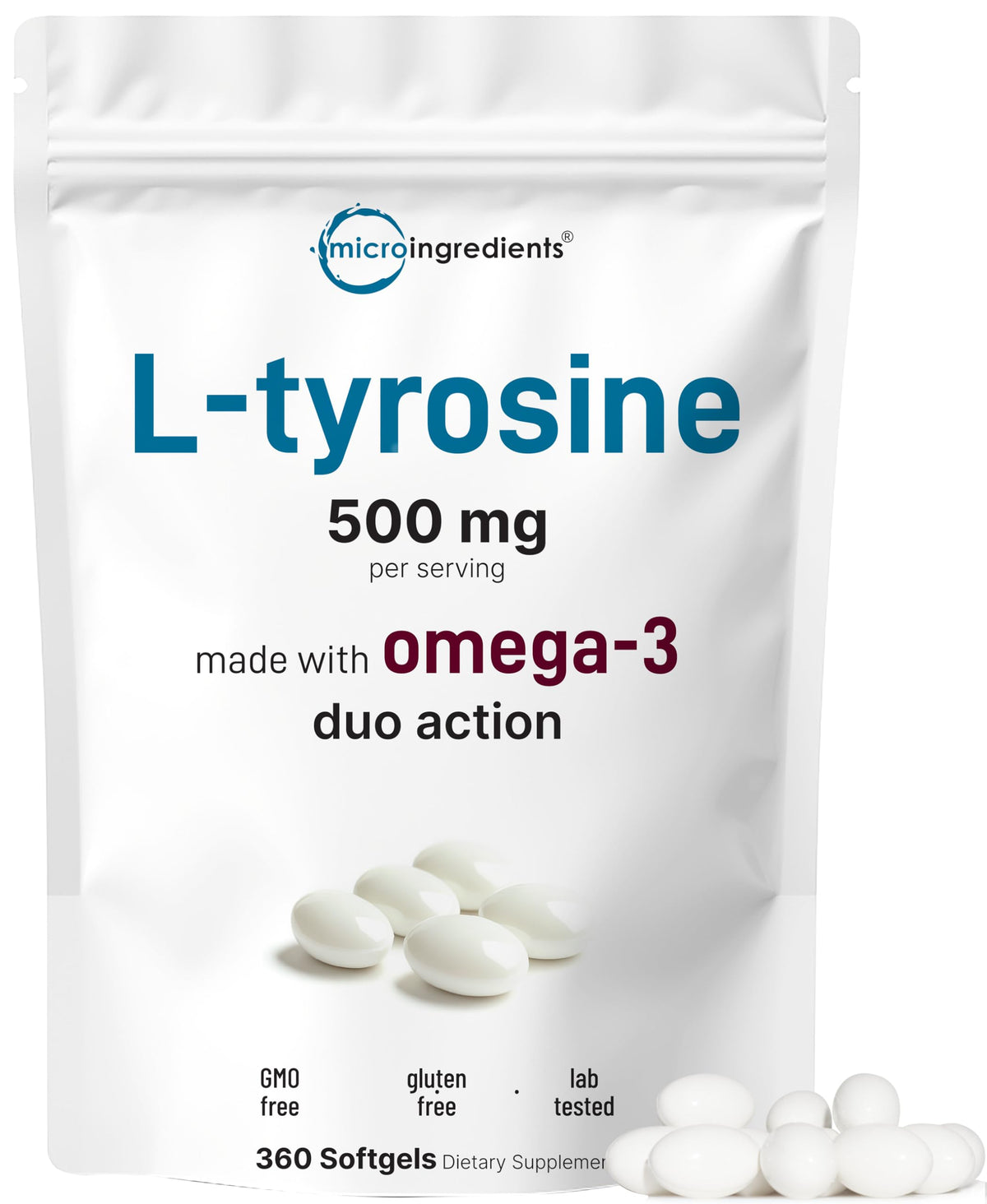 L Tyrosine Supplement 500mg with Omega-3, 360 Softgels | Duo Action Amino Acids + Omega from Flaxseed Oil 1,000mg with ALA | Heart and Mood Support | Brain Supplements for Memory and Focus | Non-GMO Micro IngredientsBuy Supplements Australia