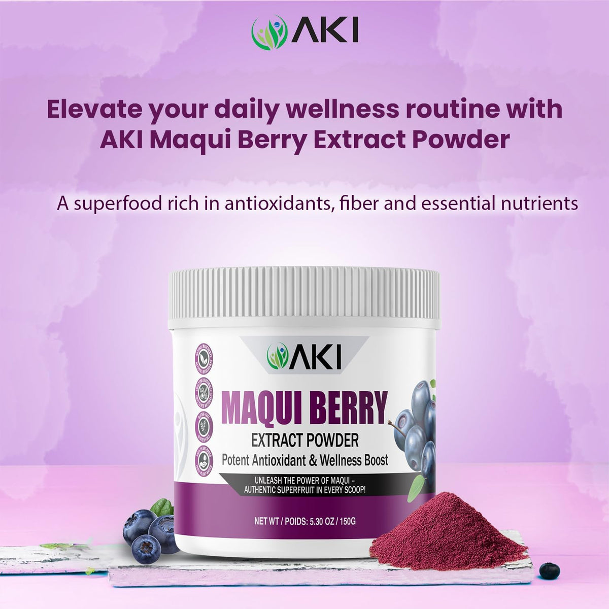 AKI Maqui Berry Extract Powder – Wild Harvested from Patagonia, High in Anthocyanins & Polyphenols, Freeze-Dried Superfruit for Smoothies, Non-GMO, Vegan, 150g/ 5.3 oz AKI ORGANIC buy supplements Au