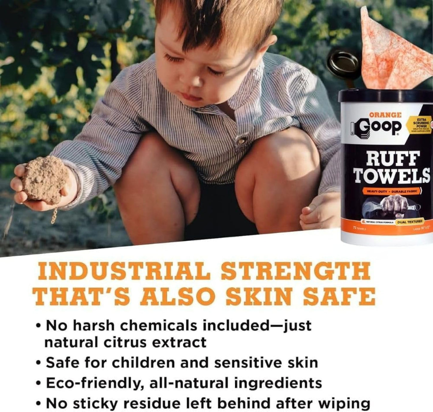 GOOP Orange Heavy Duty Ruff Towels with Scrubbing Power, 10” x 12” Dual Textured Multi-Purpose Cleaning Wipes, Removes Dirt, Grease, Oil, 72 Count