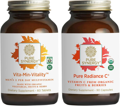 PURE SYNERGY Men’s Multivitamin, Stress, and Energy Essentials Bundle | Whole Food Multi with Adaptogens and Cordyceps | Natural Vitamin C Immune Supplement | Vegan, Non-GMO, and Organic Ingredients