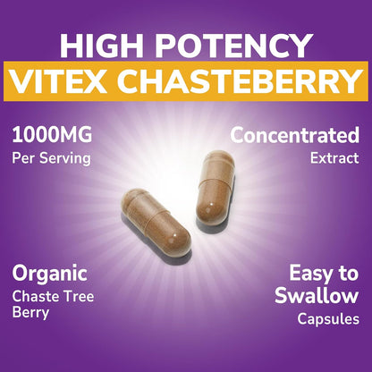 Organic Vitex Chasteberry Supplement for Women, Hormone Balance, Fertility Support, Healthy Menstrual Cycle, Vegan, 120 Capsules