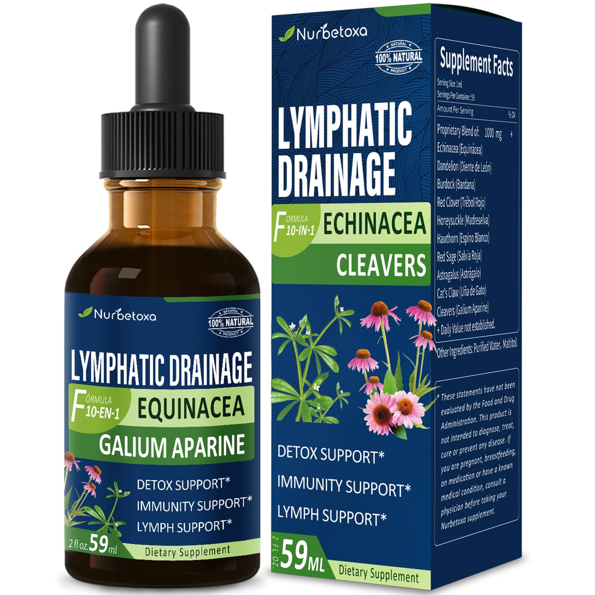 Nurbetoxa Cleavers Lymphatic Drainage Drops for Lymph System Detox Cleanse, Lymphedema Support Supplement Formula w/Echinacea, Cat’s Claw, Red Clover Extract Tincture, Use with Lymph Massage Tool. 2oz Nurbetoxa buy supplements Au