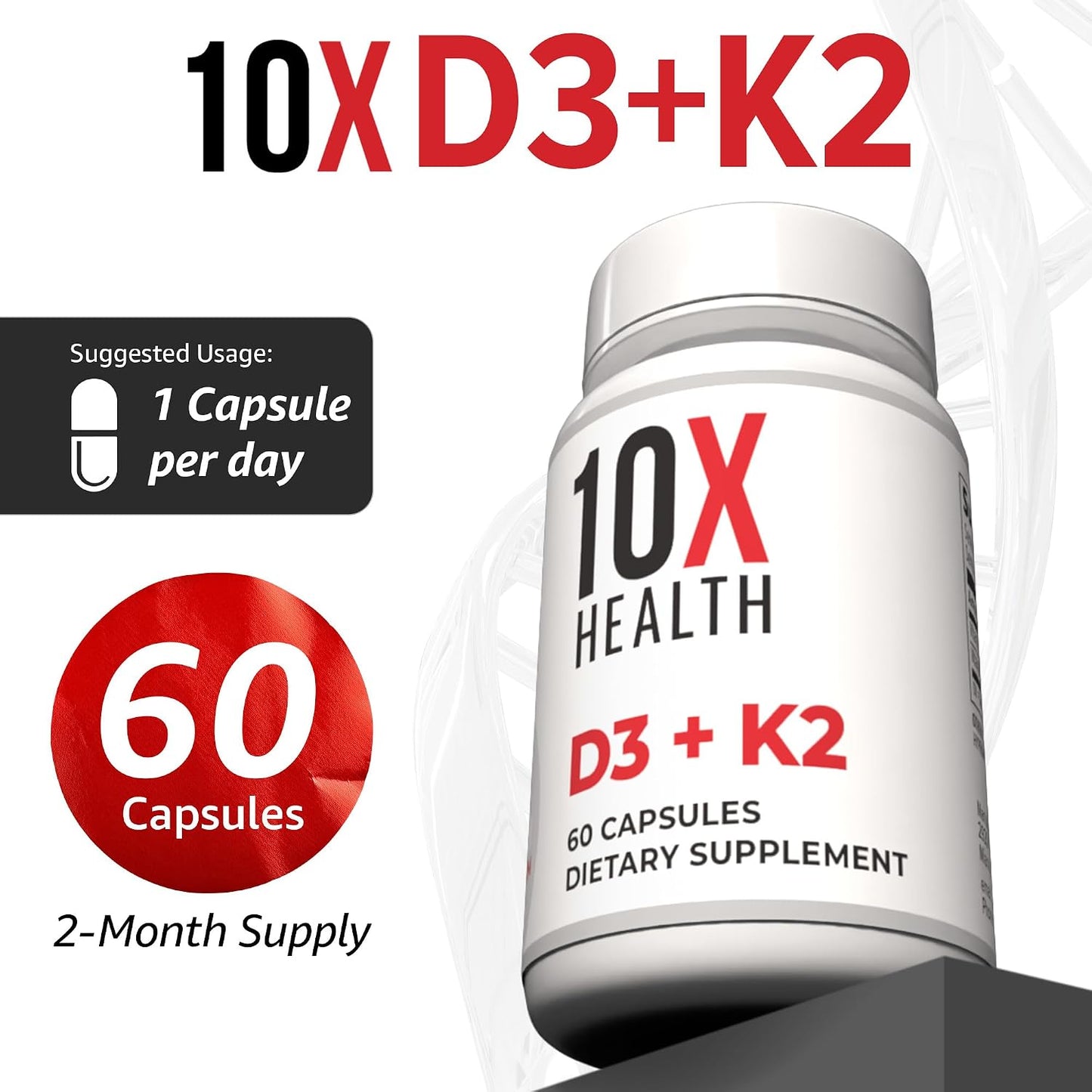 10X Health Vitamin D3 K2-60 Capsules | Vitamin K2 Mk7: 5000 IU Vitamin D3, Bone, Heart & Teeth Support, 60 Capsules