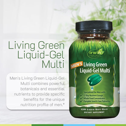 Irwin Naturals Men's Living Green Liquid-Gel Multi - 70 Essential Nutrients, Full-Spectrum Vitamin Supplements for Men, Wholefood Blend - Promotes Brain & Adrenal Support - 120 Liquid Soft-Gels Irwin Naturals buy supplements Au