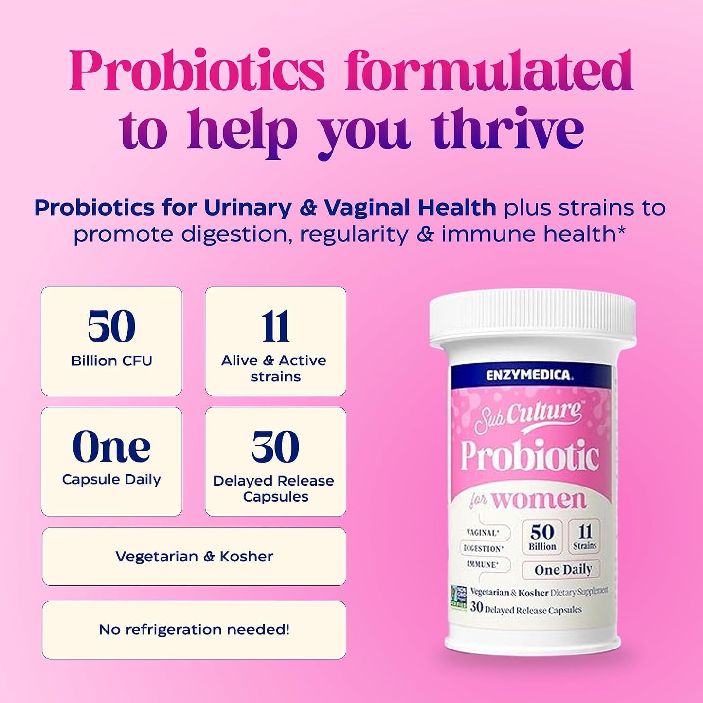Enzymedica SubCulture Women's Probiotic, 50B CFU, Gut Support, 30 Caps | Helps Maintain Healthy Vaginal Flora & Urinary Tract Balance