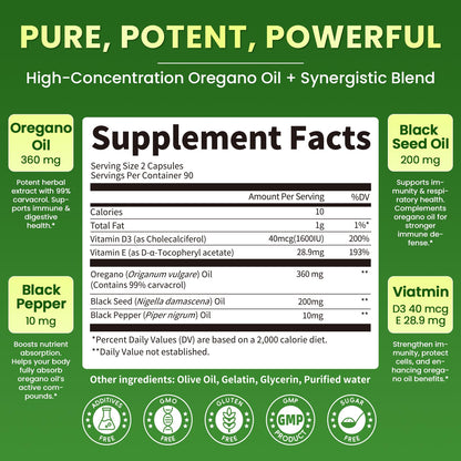 Oregano Oil Softgels with Black Seed Oil, 99% Carvacrol, 180 Ct, 3 Month | 5-in-1 with Vitamin D3 E Black Pepper, Immune, Respiratory, Digestive & Antioxidant*, Ultra-Concentrated, Easy to Swallow
