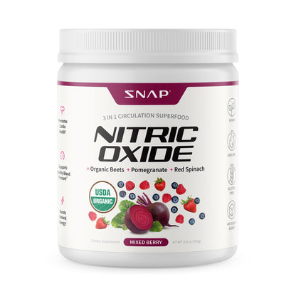 SNAP Nitric Oxide supplement container with mixed berry flavor on a white background