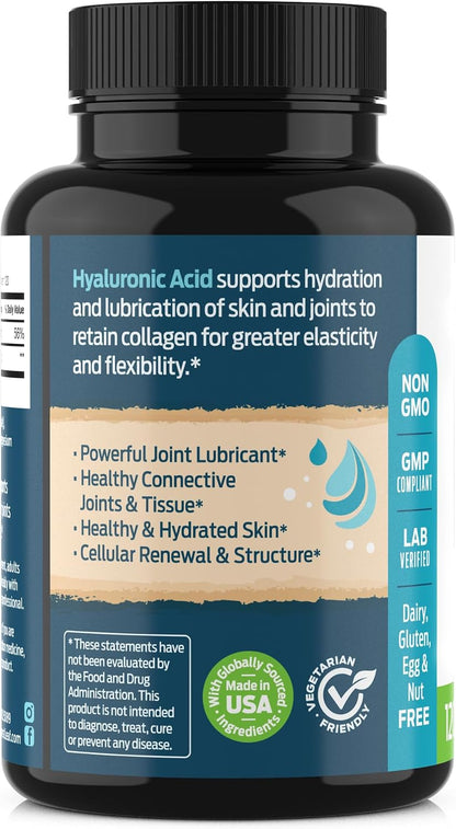 ForestLeaf Hyaluronic Acid Supplements | 100mg High Bioavailable Dietary Hyaluronic Acid Powder Capsules + 50mg VIT C | Supports Skin Hydration, Joint Lubrication, Anti-Aging, Hair & Nails | 120 Caps