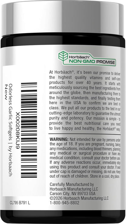 Horbäach Odorless Garlic Softgel Supplement | 200 Pills | Ultra Potent Concentrated Herbal Extract | Non-GMO & Gluten Free