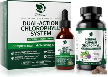 Liquid Chlorophyll Drops with Caps for Immune, Detox & Antioxidant | Chlorophyll Daily Combo for Digestion & Gut Health, Energy, Internal Deodorizer, Vegan, Sugar-Free, 2Oz + 120 Caps