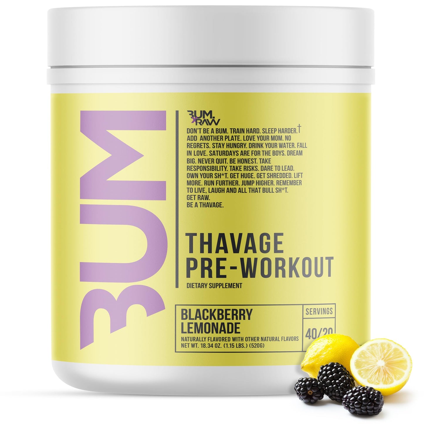 RAW Pre Workout Powder, Thavage (Beach Bum) - Chris Bumstead Sports Nutrition Supplement for Men & Women - Cbum Pre Workout for Working Out, Hydration, Mental Focus & Energy - 40 Servings