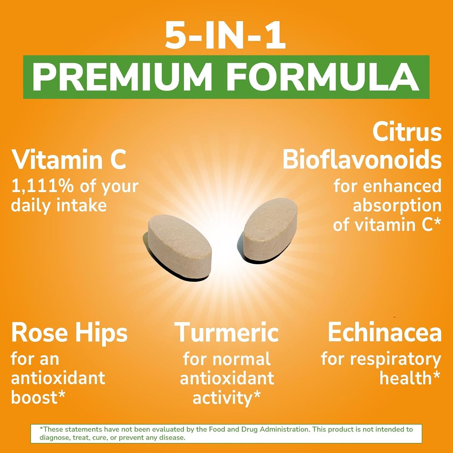 Vitalibre Vitamin C 1000mg, with Citrus Bioflavonoids, Rose Hips, Echinacea & Turmeric, Immune Support, Antioxidant Protection, Collagen Production, 240 Vegan Tabs