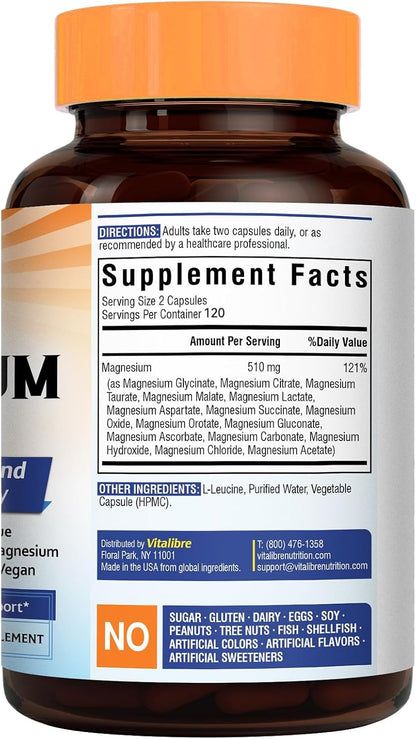 Vitalibre 15 in 1 Magnesium Complex for Women & Men 510mg, 240 Capsules | Maximum Absorption Glycinate, Malate, Taurate, Citrate and More for Bones, Heart, Recovery, Energy | Non-GMO