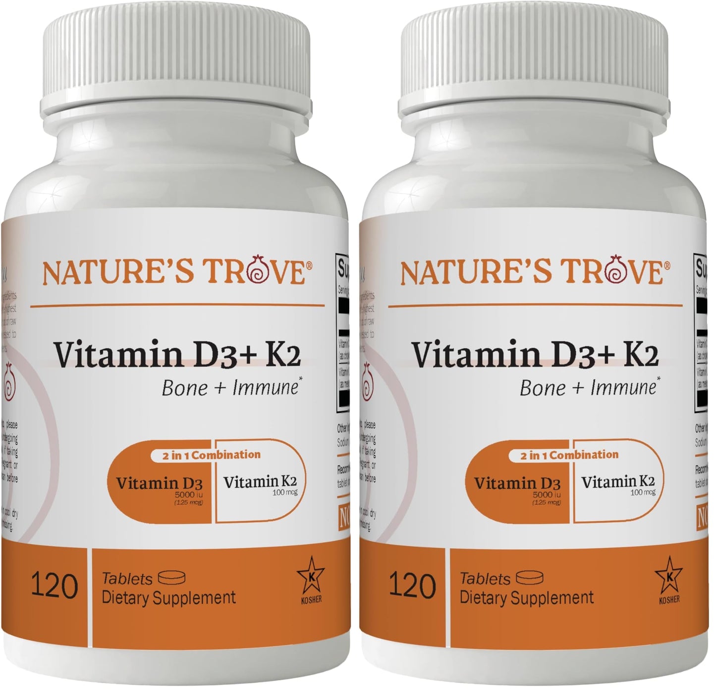 Nature's Trove Vitamin D3 5000 IU Plus K2 100mcg for Bone Health & Immune Support - 120 Tablets - 2-in-1 Formula