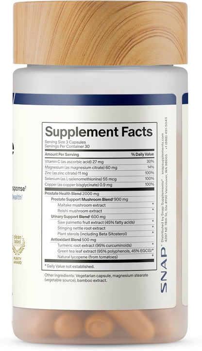 Snap Supplements Prostate Health Supplements for Men, 90 Vegan Capsules | Supports Urinary Tone and Healthy DHT Balance, Saw Palmetto for Men, Stinging Nettle, Beta-Sitosterol, Non-GMO, Gluten-Free