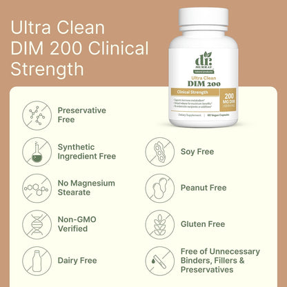 Dr. Murray's Ultra Clean DIM 200 mg & BioPerine Vegan Capsules - Delayed-Release | Estrogen Metabolism Support | Hormonal Balance | Third-Party Tested | GMP Certified| Soy Free & Non-GMO | 60 Count