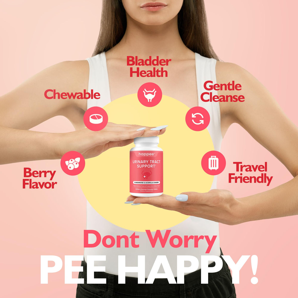 Happee Urinary Tract Health Supplement for Women & Men, Fast-Acting UTI Relief and Prevention, 500mg D-Mannose & Antioxidants, Supports Kidney and Bladder Health, Berry Flavor, 60 Chewables