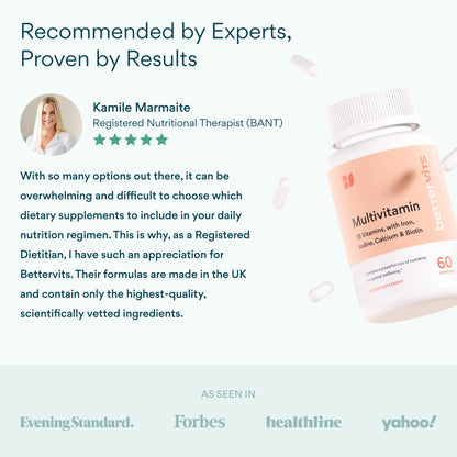 Bettervits Multivitamin for Women & Men | Womens Daily Multivitamin with 13 Essential Vitamins Iron, Iodine, Calcium and Biotin | Vitamins A, K2, D3, C, B1, B2, B3, B5, B6, B7, B9, B12 | 60 Capsules Bettervits buy supplements Au