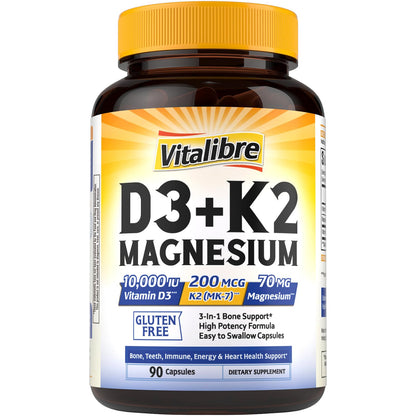 Vitalibre D3 K2 + Magnesium Supplement, 10000 IU Vitamin D3 & 200 mcg K2, with Magnesium Glycinate, Bone, Teeth, Immune & Energy Support, High Absorption, Non-GMO, Easy to Swallow, 60 Capsules