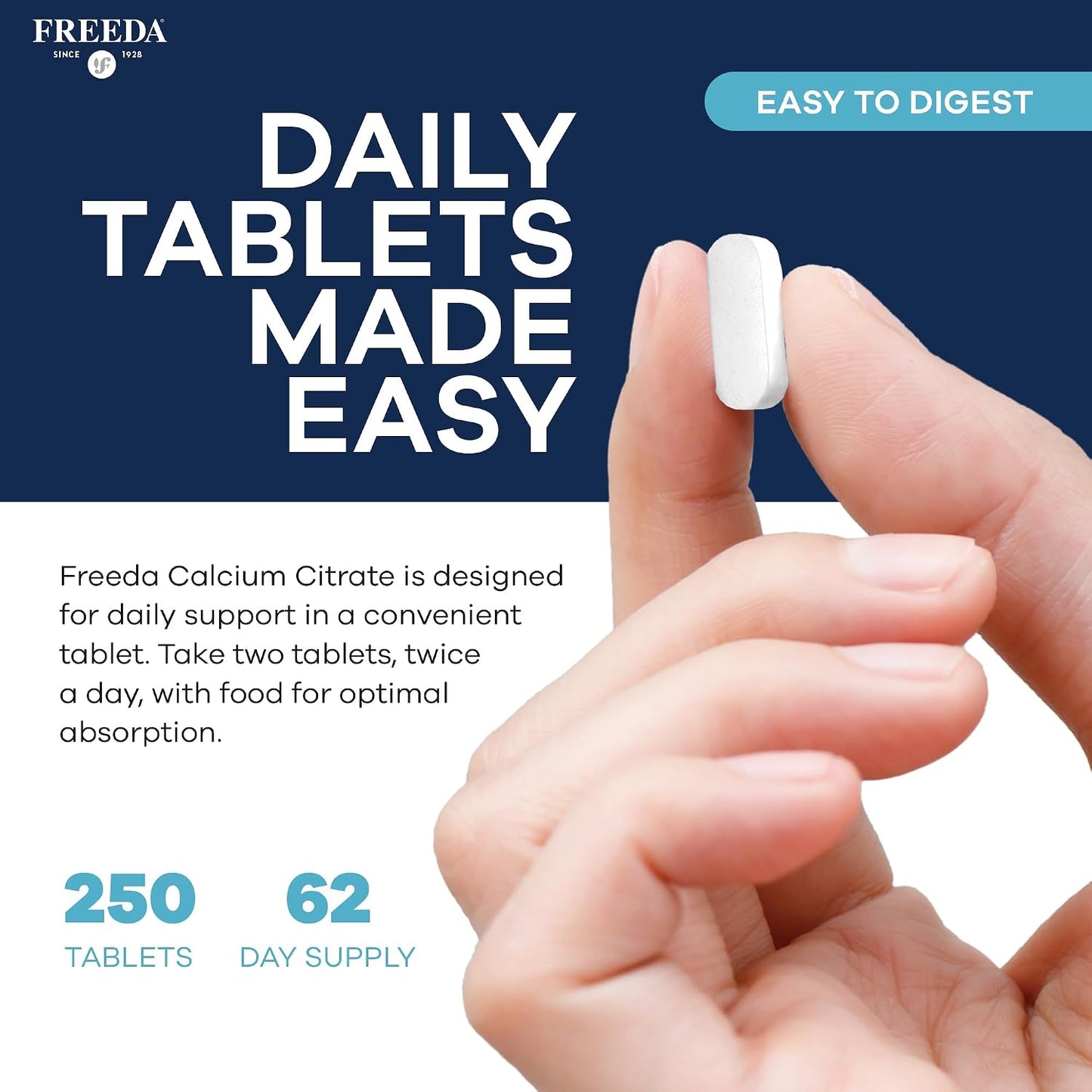 FREEDA Calcium Citrate 1000mg Supplement for Bone Support – 250 Tablets | Supports Bone Strength, Teeth, & Muscle Function – Highly Absorbable Calcium Formula – No Vit D, Vegan, Kosher, Made in USA