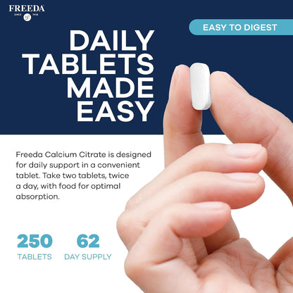 FREEDA Calcium Citrate 1000mg Supplement for Bone Support – 250 Tablets | Supports Bone Strength, Teeth, & Muscle Function – Highly Absorbable Calcium Formula – No Vit D, Vegan, Kosher, Made in USA