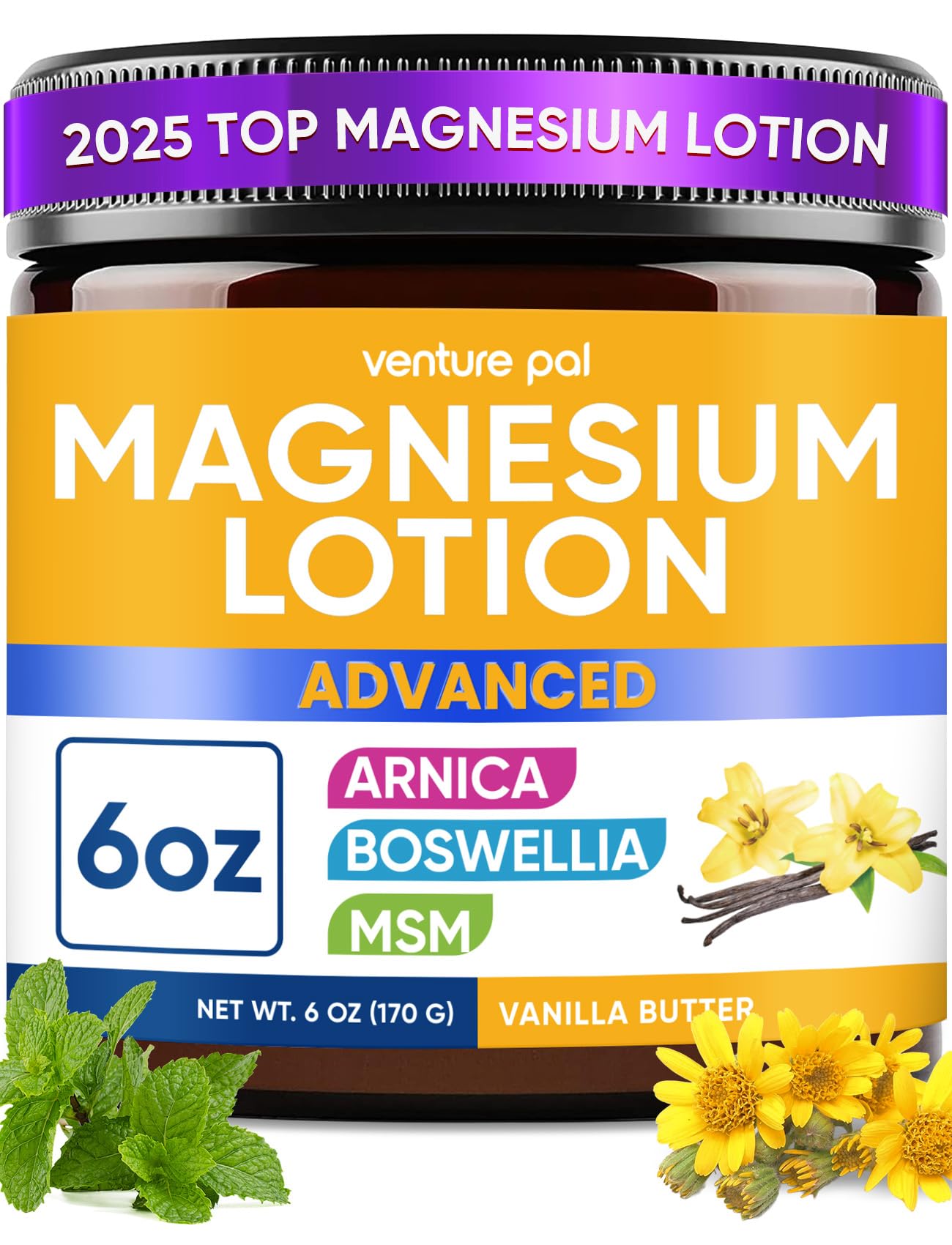 Magnesium Lotion with Arnica, MSM & Boswellia – Safe for Kids – 6 fl oz | Cooling Magnesium Cream – Lightweight Moisturizing Lotion for Legs & Feet