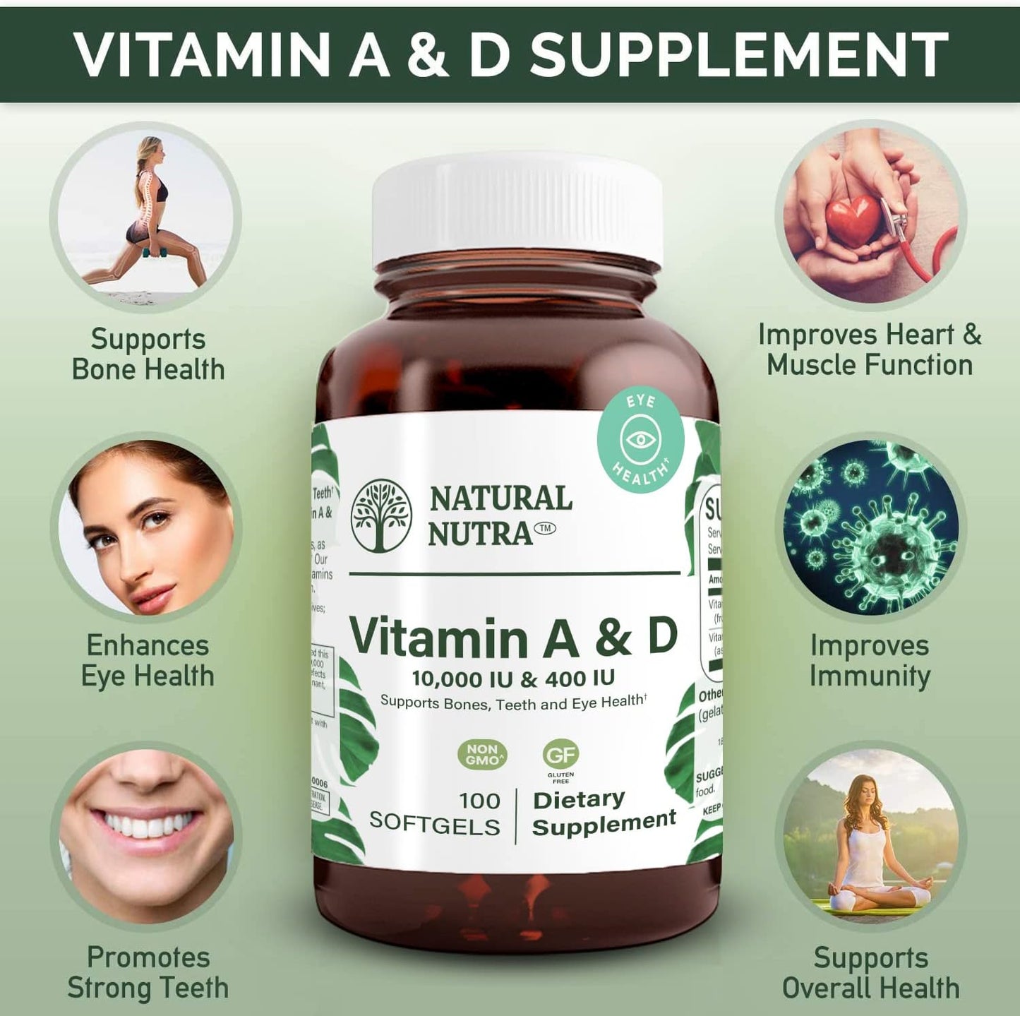 Natural Nutra Vitamin A and D, 10000 IU & 400IU, 100 Softgels | Supports Bone Health & Enhances Eye Health, Promotes Strong Teeth, Sourced from Cod Liver Oil, Supports Overall Health