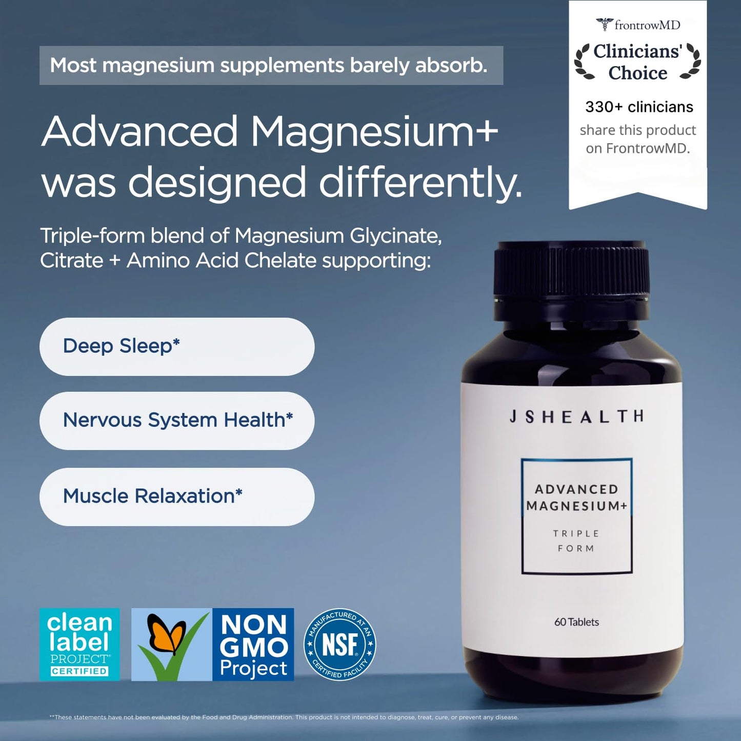 JSHealth Magnesium Supplement for Sleep. 400mg Triple-Form Glycinate | Made with Citrate, Amino Acid Chelate Developed By Nutritionist Jessica Sepel