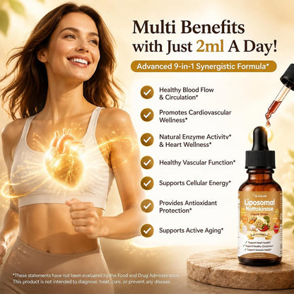 Nattokinase 10800 FU Supplement Liquid Drops, Ultimate 9-in-1 Natto -kinase Serrapeptase Enzyme Blend w. Bromelain Curcumin CoQ10 K2 MK7 for Circulatory Heart & Digestive Spike, Liposomal Tech