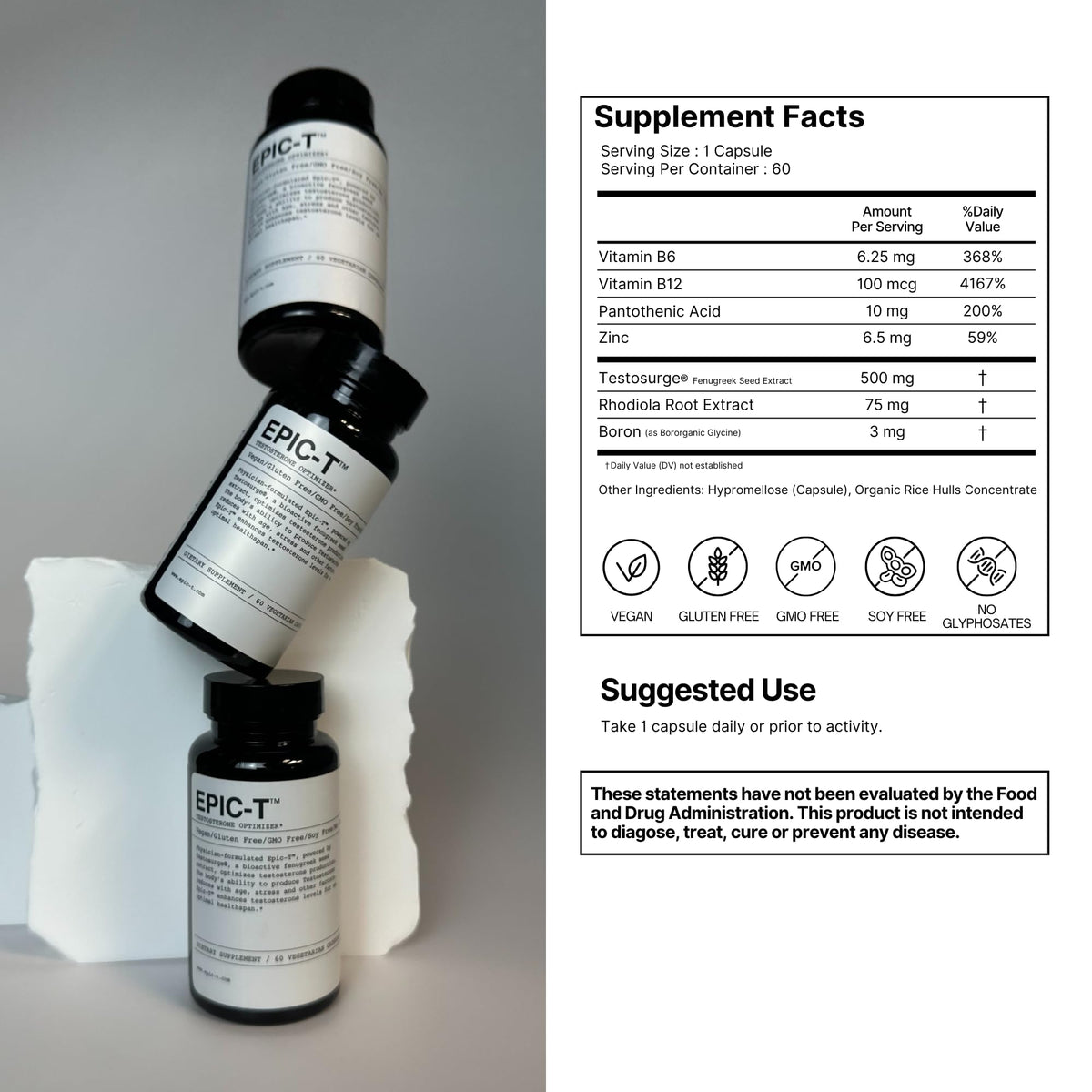 EPIC-T Testosterone Support Supplement for Men | Plant-Based Formula with Testosurge, B-Complex, B12, Zinc & Boron | Vegan, Non-GMO Daily Support EPICBuy Supplements Australia